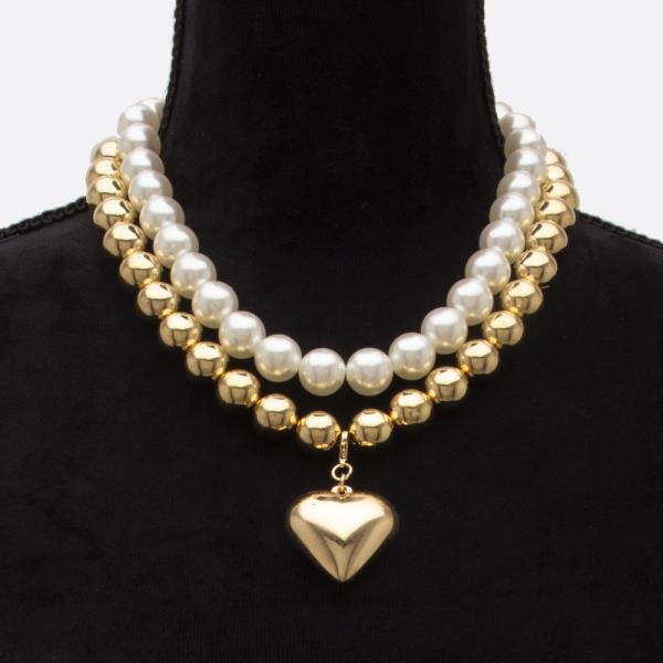 PUFFY HEART PENDANT LAYERED BALL BEAD NECKLACE