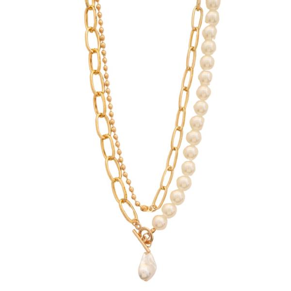 PEARL BEAD TOGGLE OVAL LINK METAL LAYERED NECKLACE