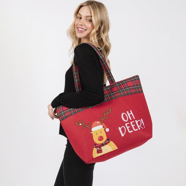 OH DEER LETTER REINDEER CHRISTMAS TOTE BAG