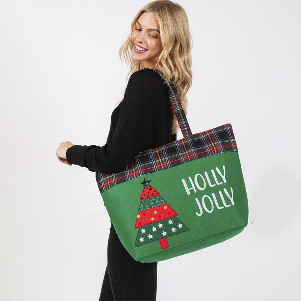 HOLLY JOLLY LETTER CHRISTMAS TREE CHRISTMAS TOTE BAG