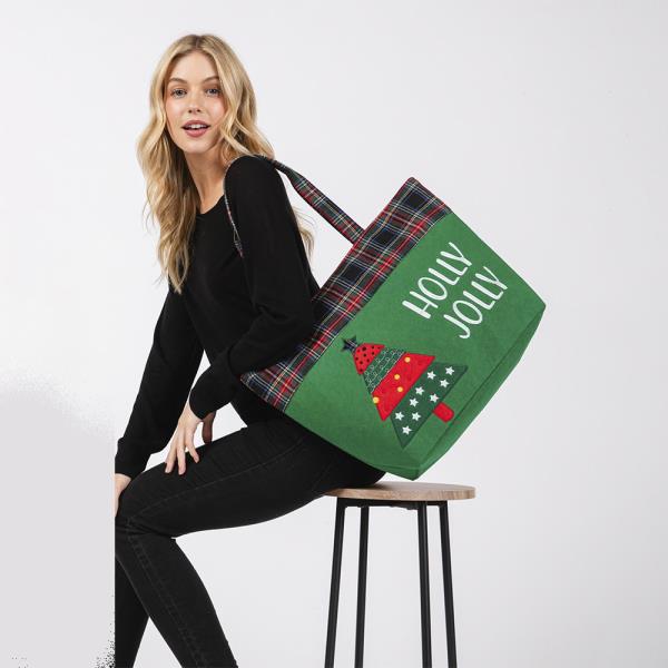 HOLLY JOLLY LETTER CHRISTMAS TREE CHRISTMAS TOTE BAG