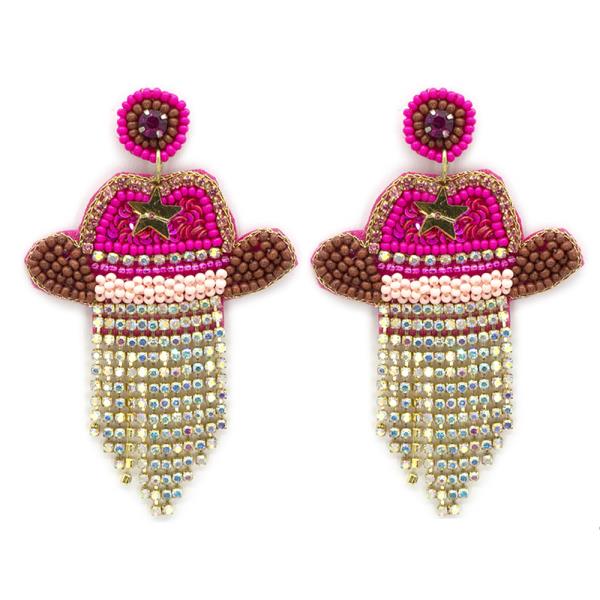 SEED BEAD WESTEN STYLE HAT DANGLE EARRING