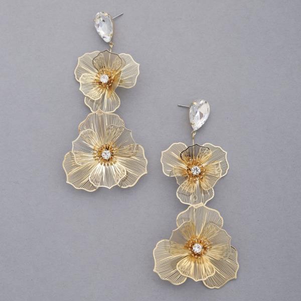 TEARDROP CRYSTAL DOUBLE FLOWER DANGLE EARRING