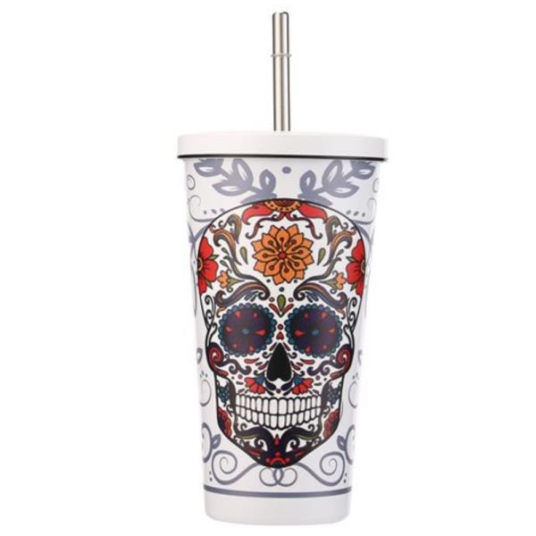 SUGAR SKULL PRINT TUMBLER CUP WITH STRAW 17OZ