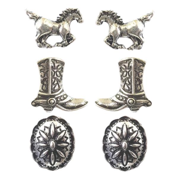 WESTERN STYLE HORSE BOOTS POST EARRING 3 PAIR SET