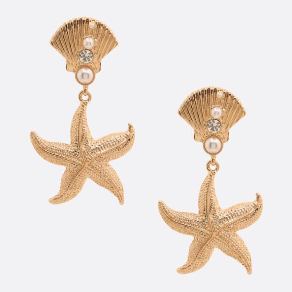 STAR SEASHELL PEARL BEAD METAL DANGLE EARRING