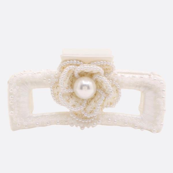 FLOWER PEARL BEAD RECTANGLE JAW HAIR CLIP