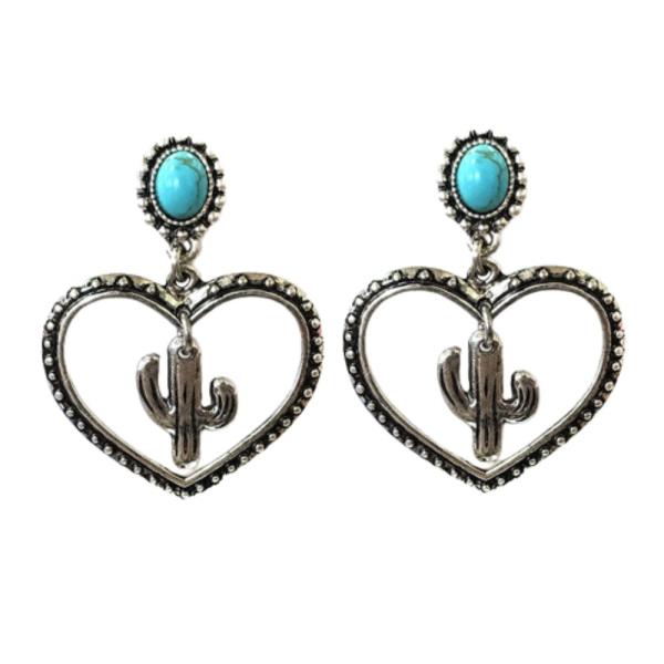 WESTERN METAL CACTUS HEART TQ STONE DANGLE EARRING