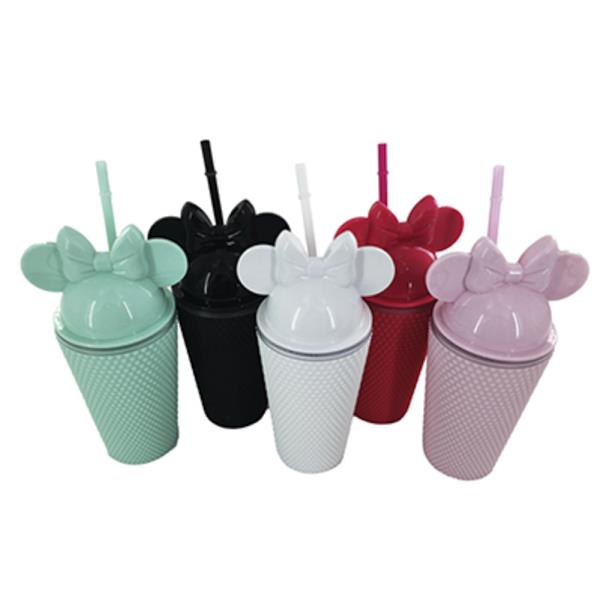 RIBBON BOW EARS DOME TOP TUMBLER CUP WITH STRAW