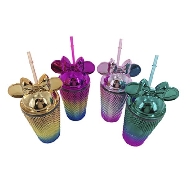 RIBBON BOW EARS DOME TOP METALLIC TUMBLER CUP WITH STRAW