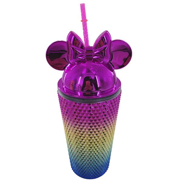 RIBBON BOW EARS DOME TOP METALLIC TUMBLER CUP WITH STRAW