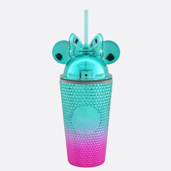 RIBBON BOW EARS DOME TOP METALLIC TUMBLER CUP WITH STRAW