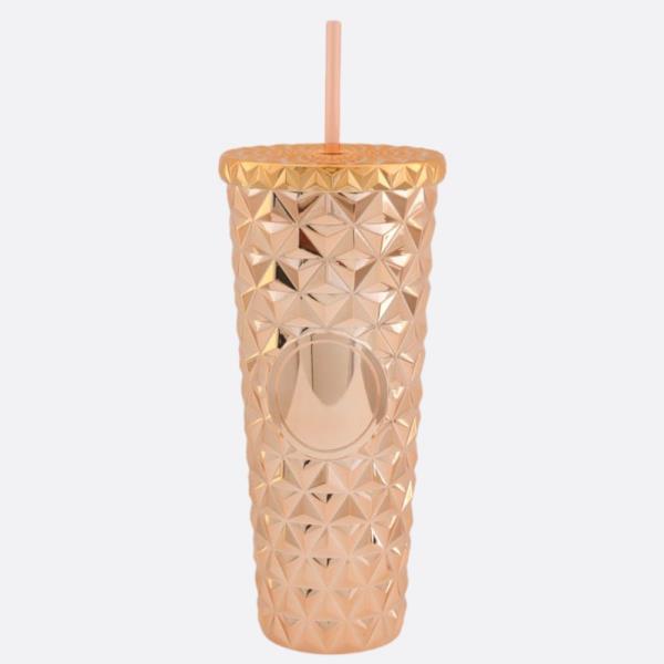 DIAMOND TEXTURE METALLIC TUMBLER CUP WITH STRAW