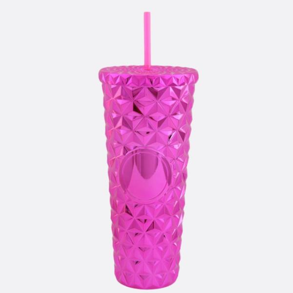 DIAMOND TEXTURE METALLIC TUMBLER CUP WITH STRAW