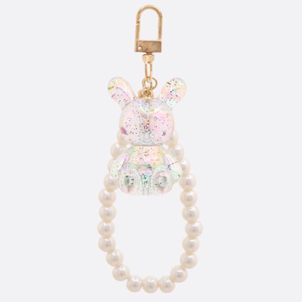 CLEAR GLITTER BUNNY PEARL BEAD KEYCHAIN