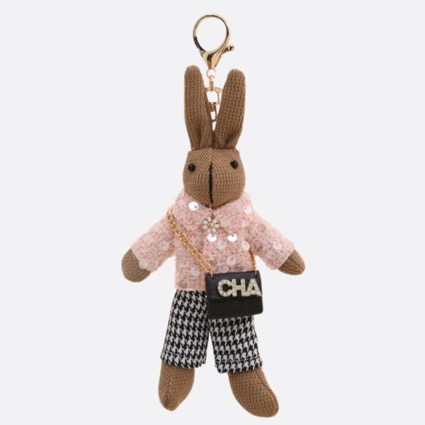 SEQUIN TWEED HOUNDSTOOTH PATTERN BUNNY KEYCHAIN