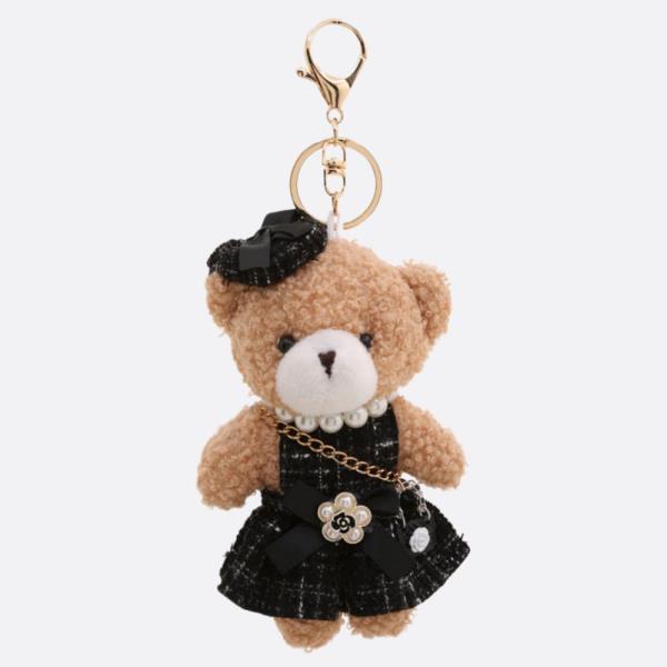 TWEED DRESS PEARL BEAD TEDDY BEAR KEYCHAIN