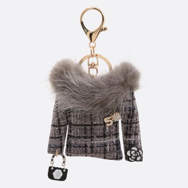 TWEED FLOWER PURSE CHARM FUR COAT KEYCHAIN