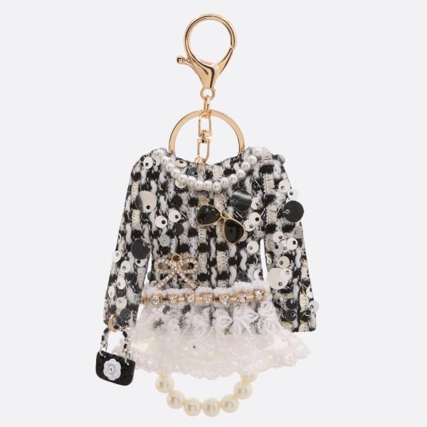 SEQUIN TWEED DRESS PEARL BEAD KEYCHAIN