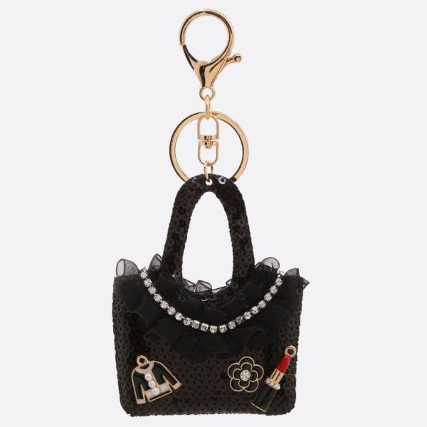 TWEED FLOWER TULLE RUFFLE RHINESTONE BAG KEYCHAIN