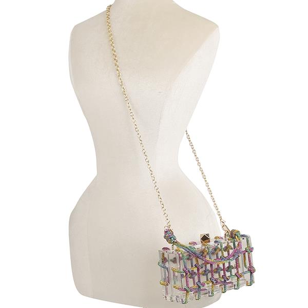 RHINESTONE ROPE KNOT DESIGN CLEAR HANDLE EVENING BAG