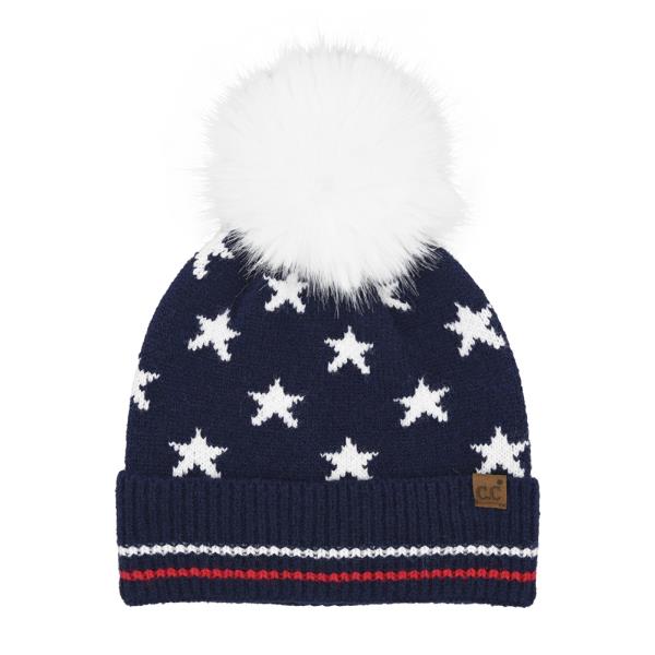 ALL OVER STAR AND STRIPE CUFF POM BEANIE