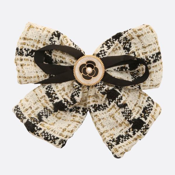 TWEED RIBBON FLOWER HAIR BOW PIN