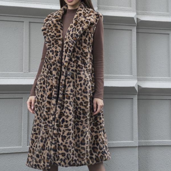 FAUX FUR LEOPARD LONG VEST JACKET