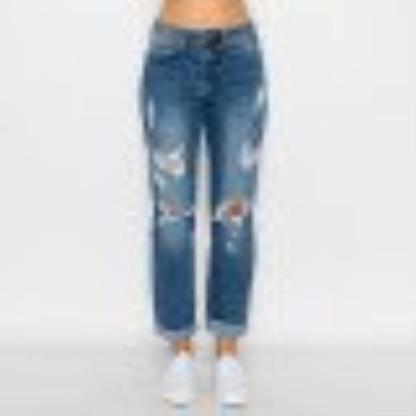 ($12.60 x 15PCS) DESTRUCTED BLOWN KNEE ROLLED CUFF BOYFRIEND JEAN