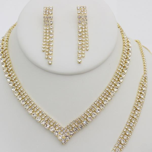 RHINESTONE V NECKLACE EARRING BRACELET SET