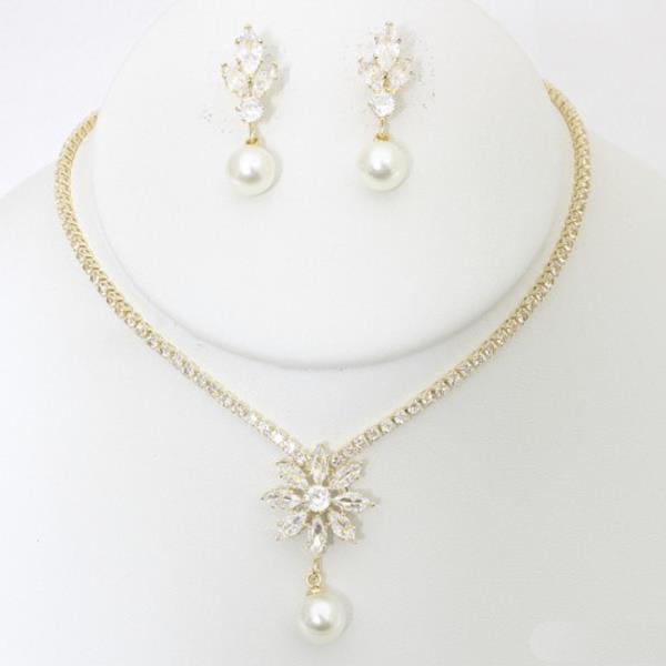 PEARL RHINESTONE FLOWER NECKLACE EARRING SET