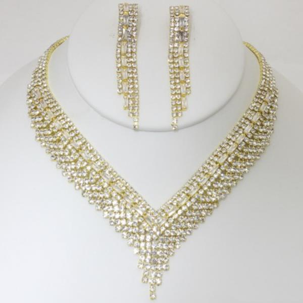 RHINESTONE V NECKLACE EARRING SET