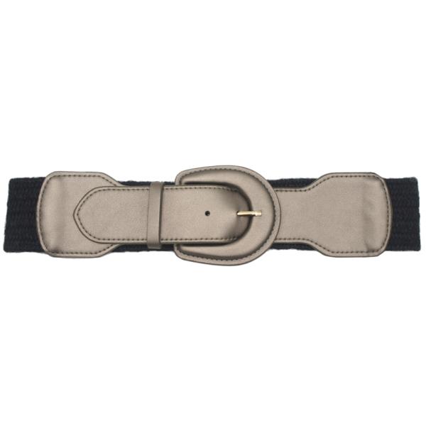 NATURAL WOVEN ELASTIC BELT WITH FAUX LEATHER ACCENT