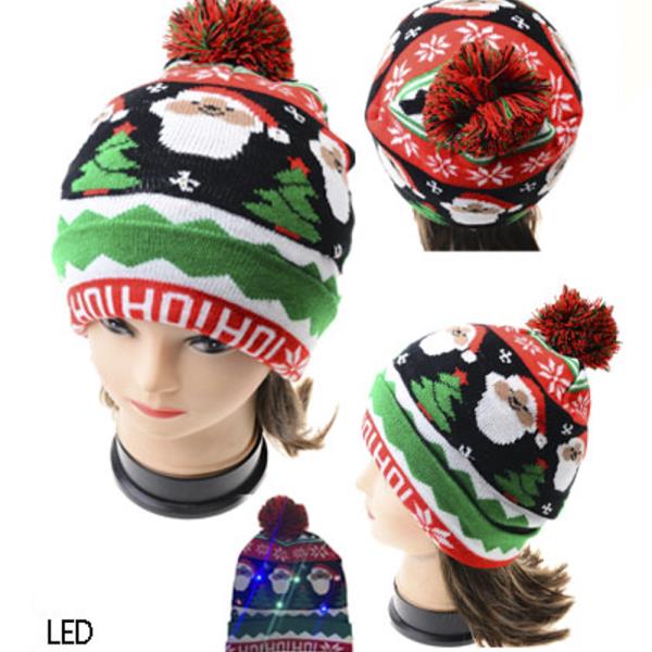 LED LIGHT CHRISTMAS KNIT BEANIES WITH POM POM