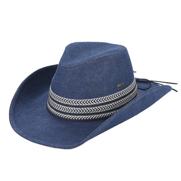 CC DENIM COWBOY HAT WITH GEOMETRIC TRIM BANDS