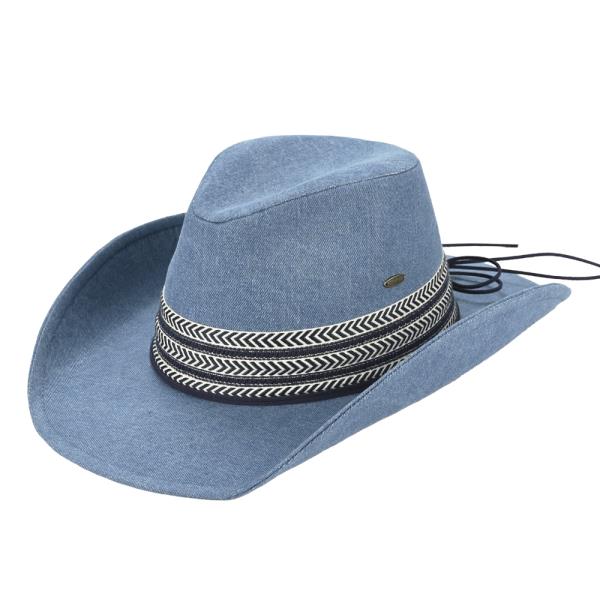 CC DENIM COWBOY HAT WITH GEOMETRIC TRIM BANDS