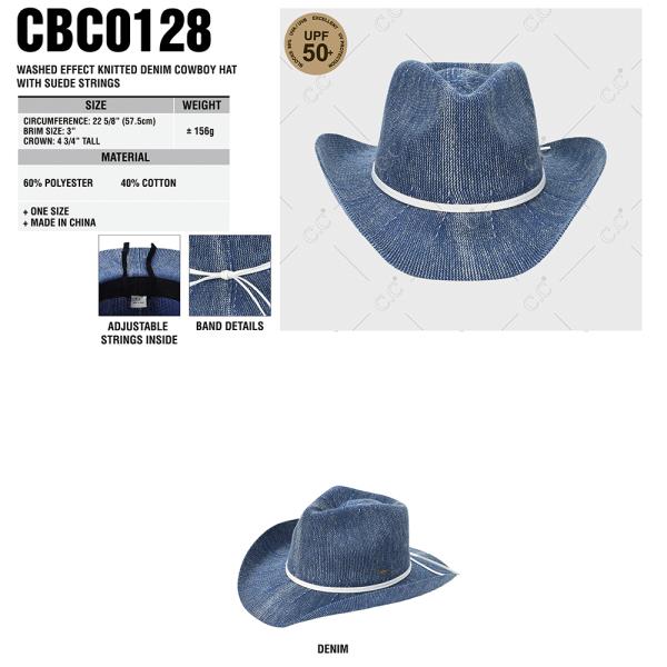 CC WASHED EFFECT KNITTED DENIM COWBOY HAT WITH SUEDE STRINGS