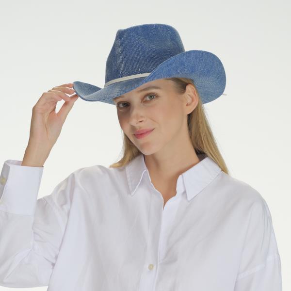 CC WASHED EFFECT KNITTED DENIM COWBOY HAT WITH SUEDE STRINGS