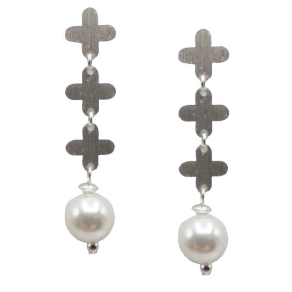 METAL TRIPLE CROSS DROP PEARL EARRING