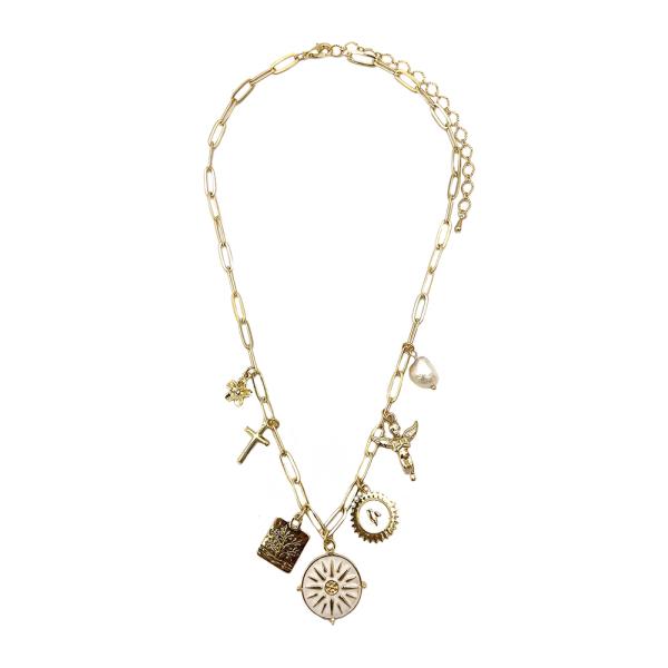 METAL CHAIN CROSS ANGEL MULTI CHARM NECKLACE