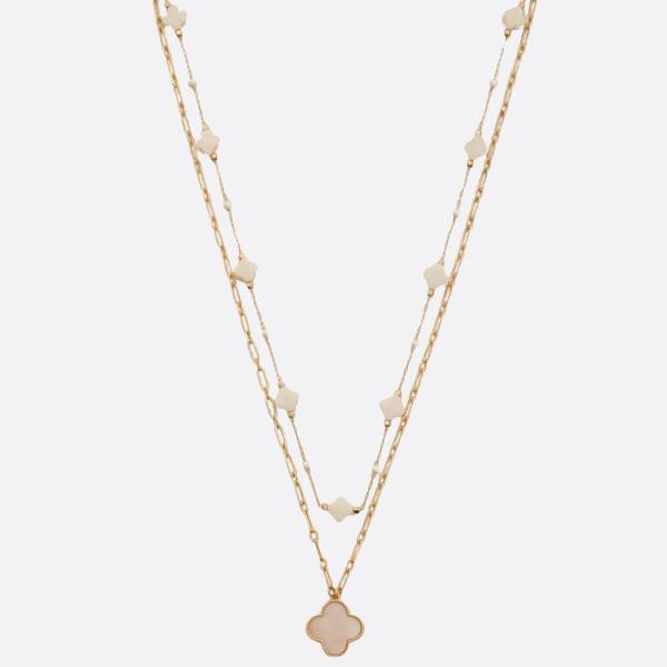 CLOVER CHARM BEADED LAYERED STATION NECKLACE