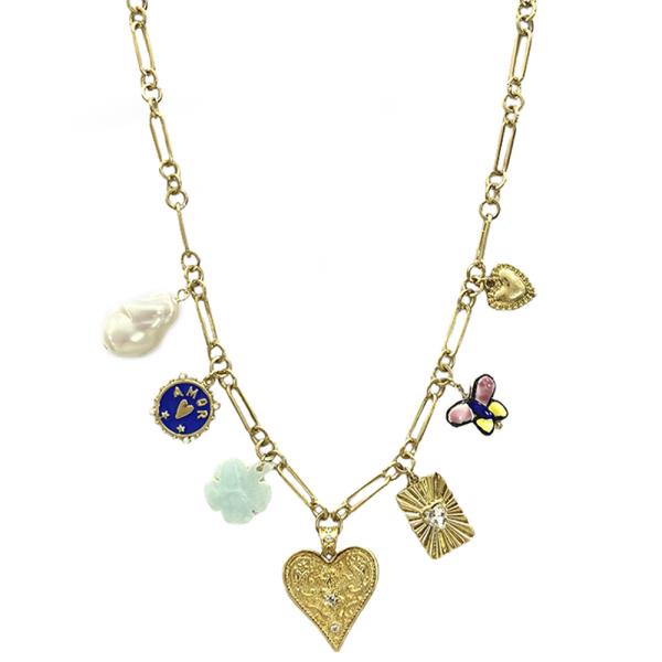 METAL CHAIN HEART PEARL MULTI CHARM NECKLACE