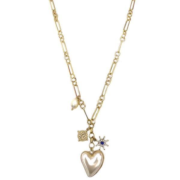 METAL CHAIN PEARL HEART PENDANT NECKLACE