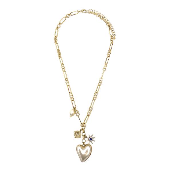 METAL CHAIN PEARL HEART PENDANT NECKLACE