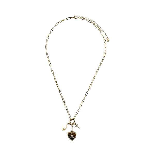 METAL CHAIN HEART PEARL PENDANT NECKLACE