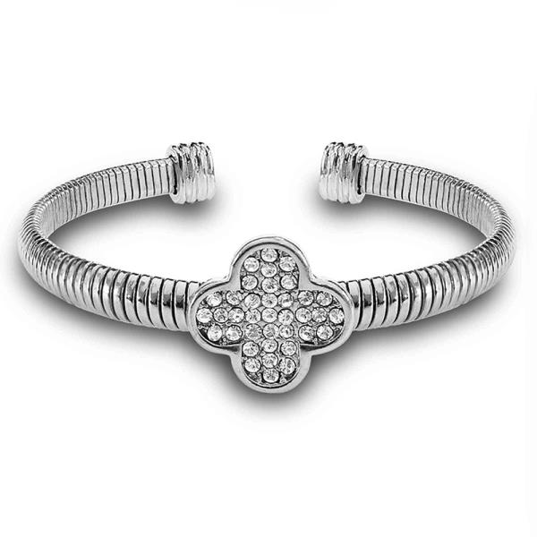 RHINESTONE CLOVER METAL CUFF BRACELET