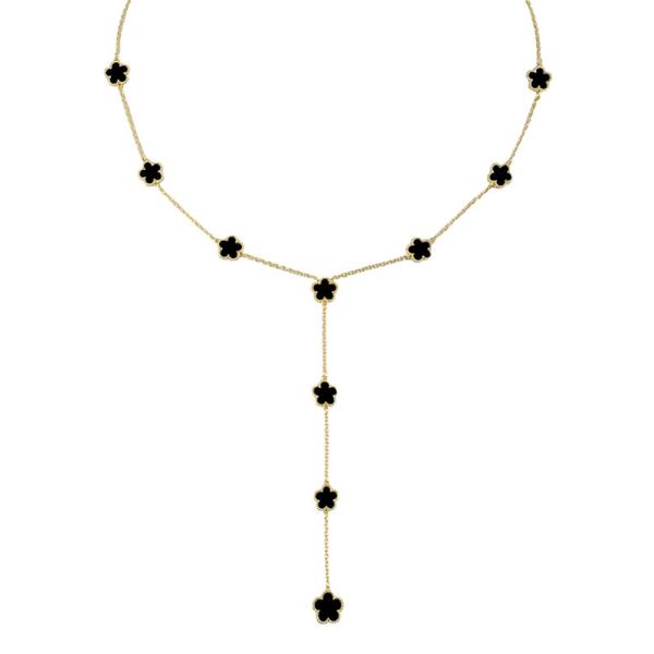 GOLD PLATED ONYX CLOVER LARIAT NECKLACE