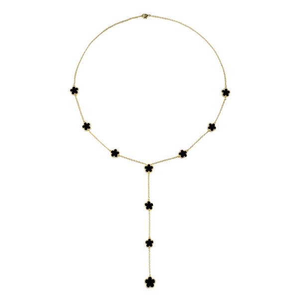 GOLD PLATED ONYX CLOVER LARIAT NECKLACE