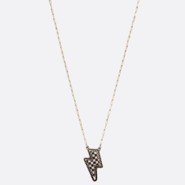 WESTERN CHECKERED PATTERN LIGHTNING BOLT PENDANT OVAL LINK NECKLACE