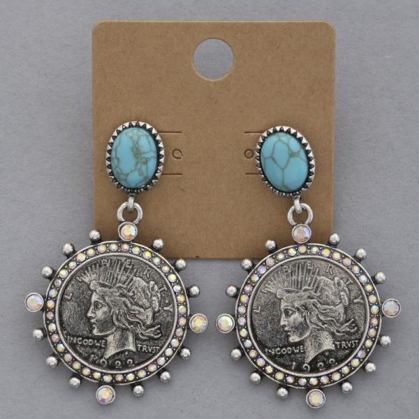 WESTERN STYLE COIN TURQUOISE BEAD DANGLE EARRING